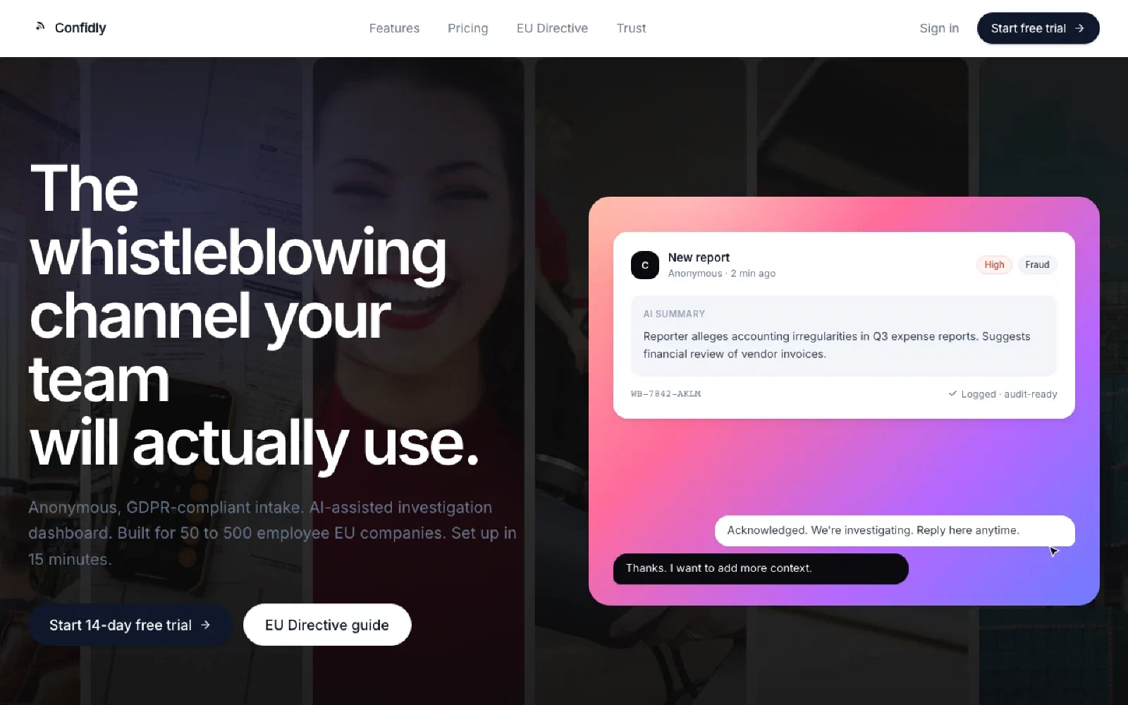 Confidly homepage screenshot