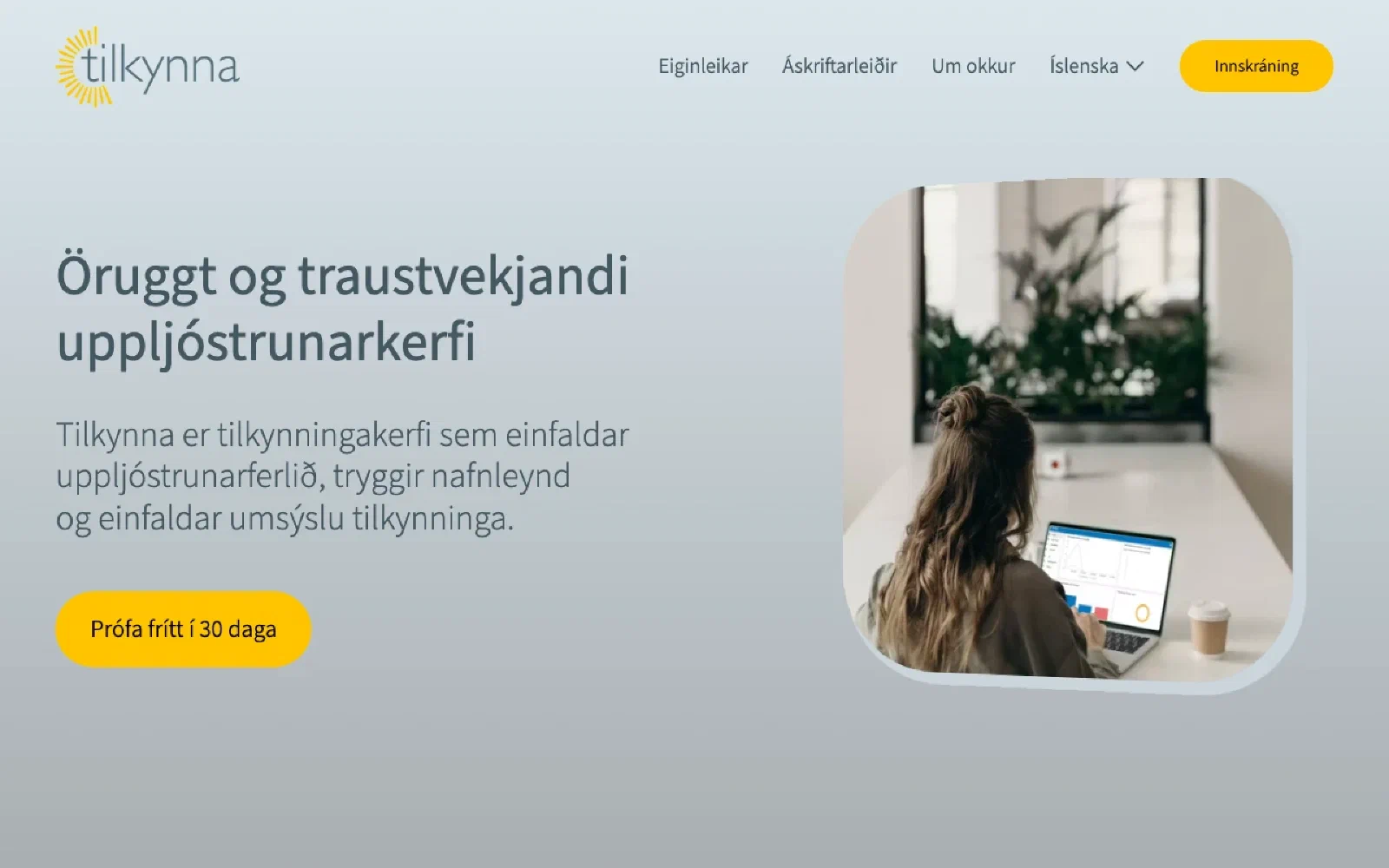 Tilkynna homepage screenshot